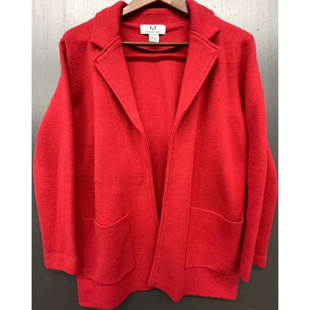 Magaschoni Sweater Women S Red Open Front Cardigan Wool Blend Pockets‎ Christmas